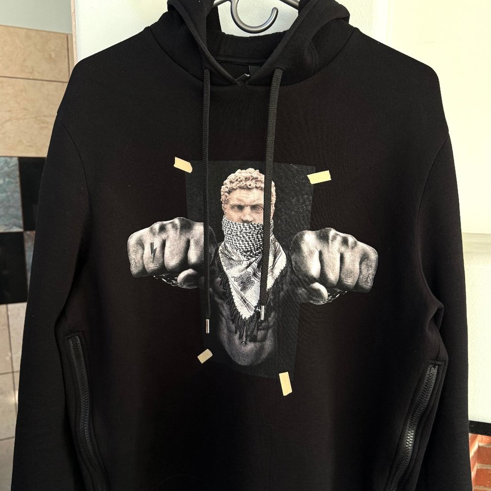 *NEIL BARRETT MENS Black Boxing Brutus Hybrid Print Hoodie Sweatshirt MEDIUM*